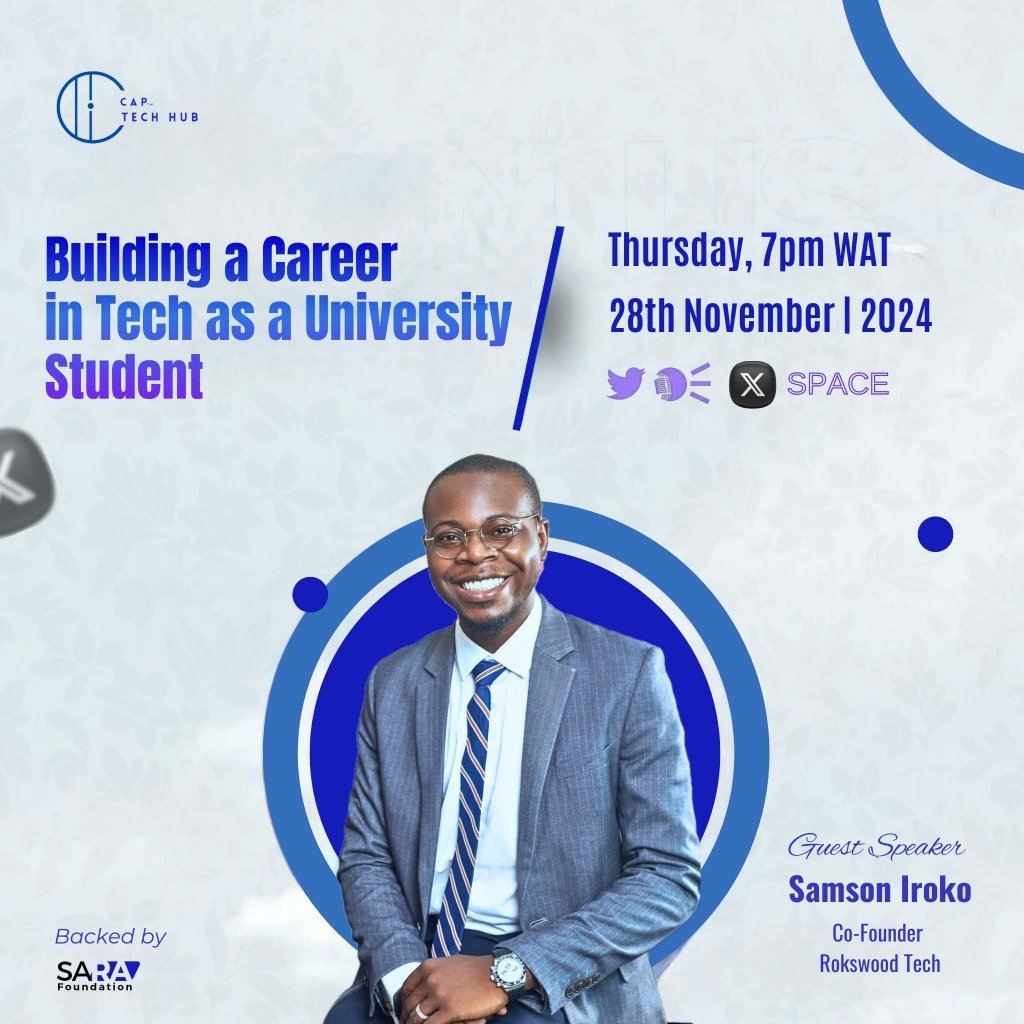 samson_iroko's tweet image. Join me tomorrow as we explore Building a Career in Tech as a University Student 
Date: Thursday, 28th November 2024 
X Space x.com/i/spaces/1YpKk…  

#CAPTechHub #TechCareers #UniversityStudents #TwitterSpace @Sarafoundations