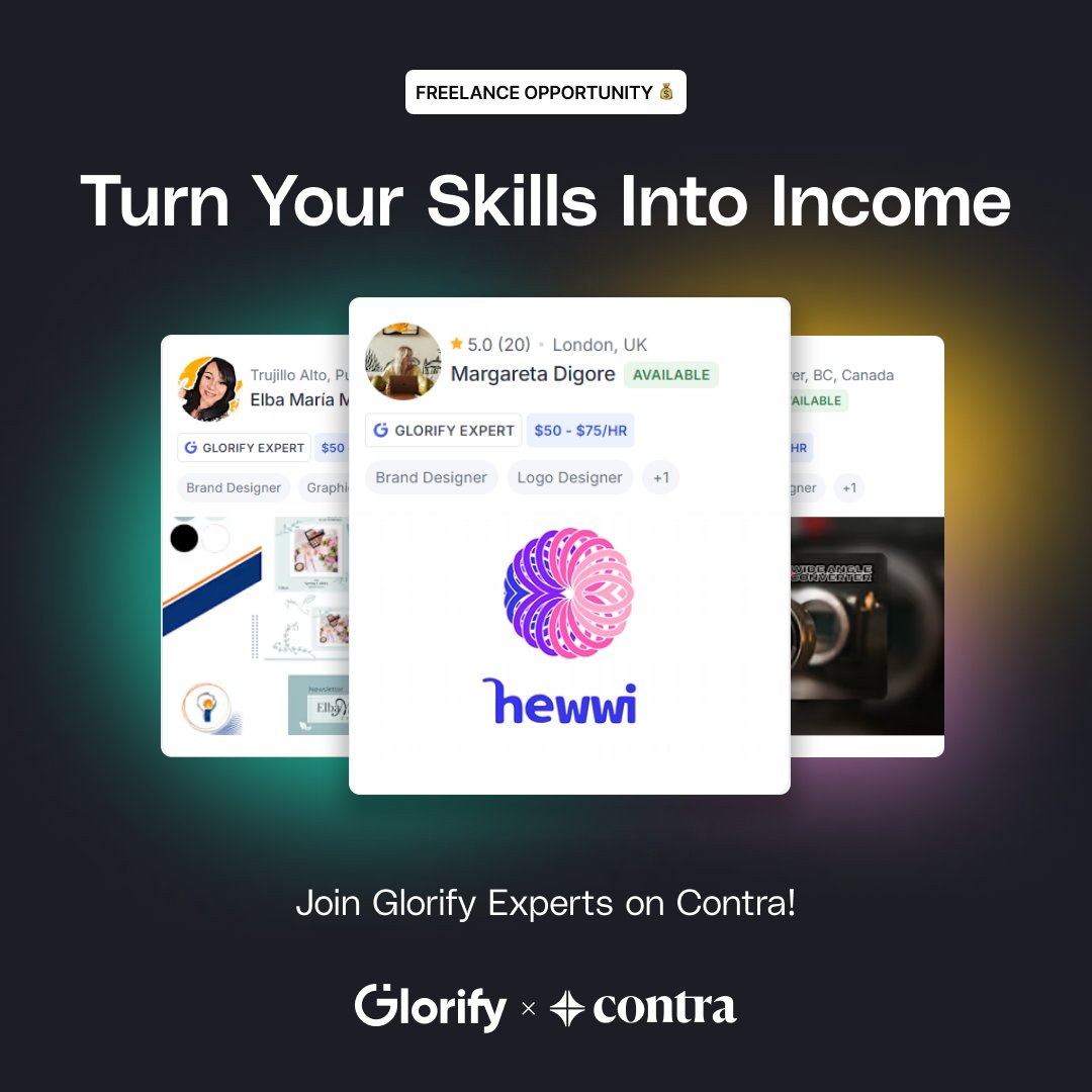 GlorifyDesign's tweet image. Calling All Freelancers! 

We’re excited to announce our partnership with @contra!

Showcase your skills for creating marketing visuals with Glorify.
Connect with top clients worldwide.
Keep 100% of your earnings—no commissions!

Don’t wait—Join Glorify&apos;s Expert program today!