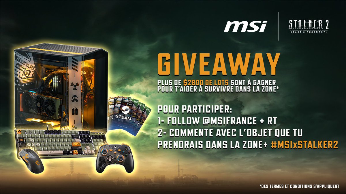 DERNIERE CHANCE POUR PARTICIPER A NOTRE GIVEAWAY STALKER 2  ! 😳

Pour tenter de gagner un des lots (2800$ de valeur) ⤵️

1- Follow <a href="/msifrance/">MSI France</a> + RT
2- Commente avec l'objet que tu prendrais dans la Zone + #MSIxSTALKER2