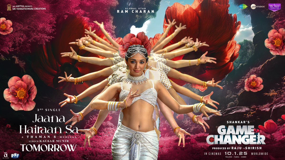 Kiara Advani (@advani_kiara) on Twitter photo The most beautiful song from #GameChanger will be out tomorrow ❤️
#NaanaaHyraanaa | #Lyraanaa | #JaanaHairaanSa 💜
<a href="/AlwaysRamCharan/">Ram Charan</a> <a href="/shankarshanmugh/">Shankar Shanmugham</a> <a href="/MusicThaman/">thaman S</a> <a href="/singer_karthik/">Karthik Music Exp</a> <a href="/shreyaghoshal/">Shreya Ghoshal</a> <a href="/SVC_official/">Sri Venkateswara Creations</a> <a href="/ZeeStudios_/">Zee Studios</a> <a href="/saregamaglobal/">Saregama</a> The most beautiful song from #GameChanger will be out tomorrow ❤️
#NaanaaHyraanaa | #Lyraanaa | #JaanaHairaanSa 💜
<a href="/AlwaysRamCharan/">Ram Charan</a> <a href="/shankarshanmugh/">Shankar Shanmugham</a> <a href="/MusicThaman/">thaman S</a> <a href="/singer_karthik/">Karthik Music Exp</a> <a href="/shreyaghoshal/">Shreya Ghoshal</a> <a href="/SVC_official/">Sri Venkateswara Creations</a> <a href="/ZeeStudios_/">Zee Studios</a> <a href="/saregamaglobal/">Saregama</a>