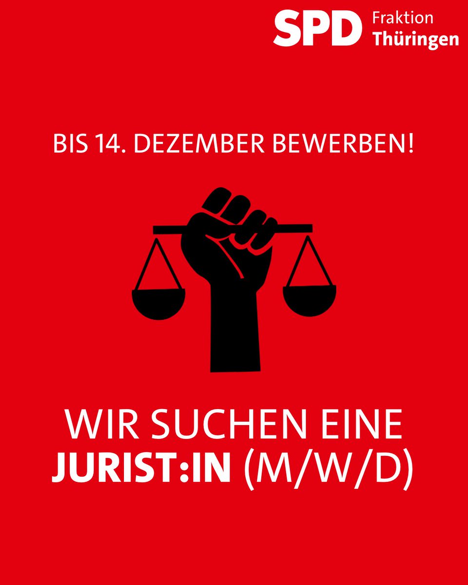 Als Fraktionsjurist die Politik von morgen ein bisschen besser machen! 

Wir suchen ab 1. Januar 2025 eine:n Jurist:in (m/w/d). Bis zum 14. Dezember bewerben und sozialdemokratische Werte in Gesetze gießen! ❤️🌹  

Alle Infos 👉 spd-thl.de/pressemitteilu…