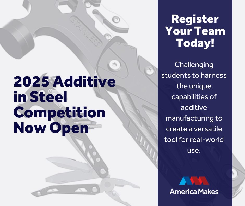 Gather your team and harness the unique capabilities of additive manufacturing (AM) in the 2025 Additive in Steel Competition! We invite university students to design and fabricate a functional everyday carry (EDC) multi-tool using metal AM with steel. bit.ly/3CY60W3