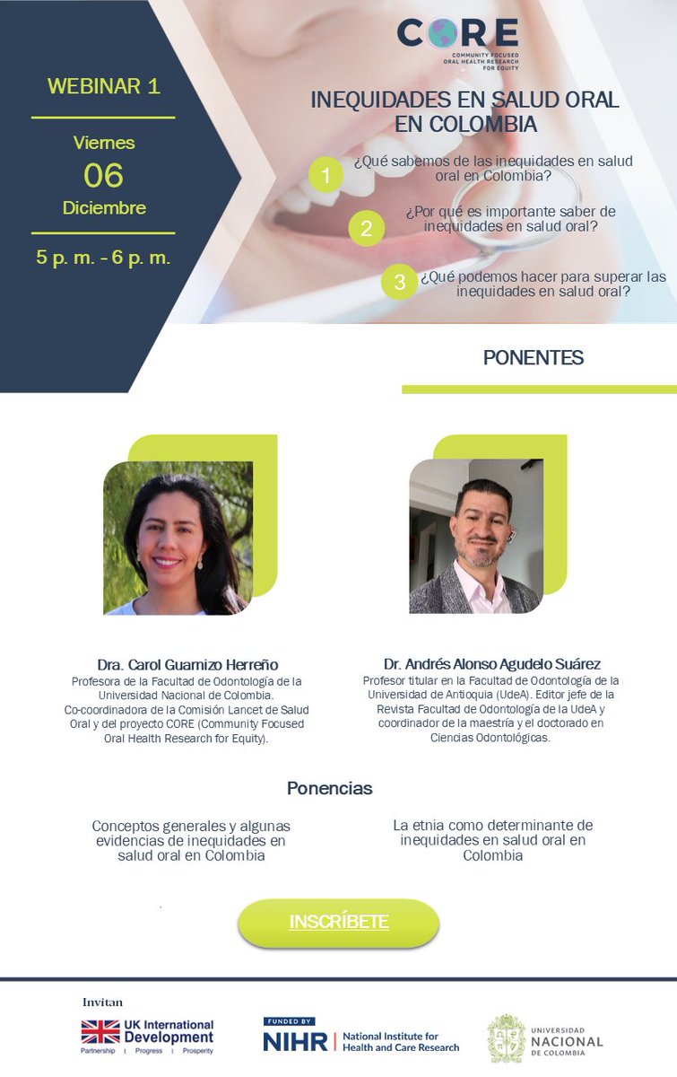 Facultad de Odontología - Universidad Nacional (@founbogota) on Twitter photo Te invitamos a participar en el primer seminario web de una serie de seis encuentros, donde abordaremos estos temas con expertos de renombre nacional e internacional.
Fecha: Viernes, 6 de diciembre
Hora: 5 p. m. - 6 p. m.
Inscríbete aquí: forms.gle/kZr5VTcw8BzYxZ…
¡Te esperamos! Te invitamos a participar en el primer seminario web de una serie de seis encuentros, donde abordaremos estos temas con expertos de renombre nacional e internacional.
Fecha: Viernes, 6 de diciembre
Hora: 5 p. m. - 6 p. m.
Inscríbete aquí: forms.gle/kZr5VTcw8BzYxZ…
¡Te esperamos!