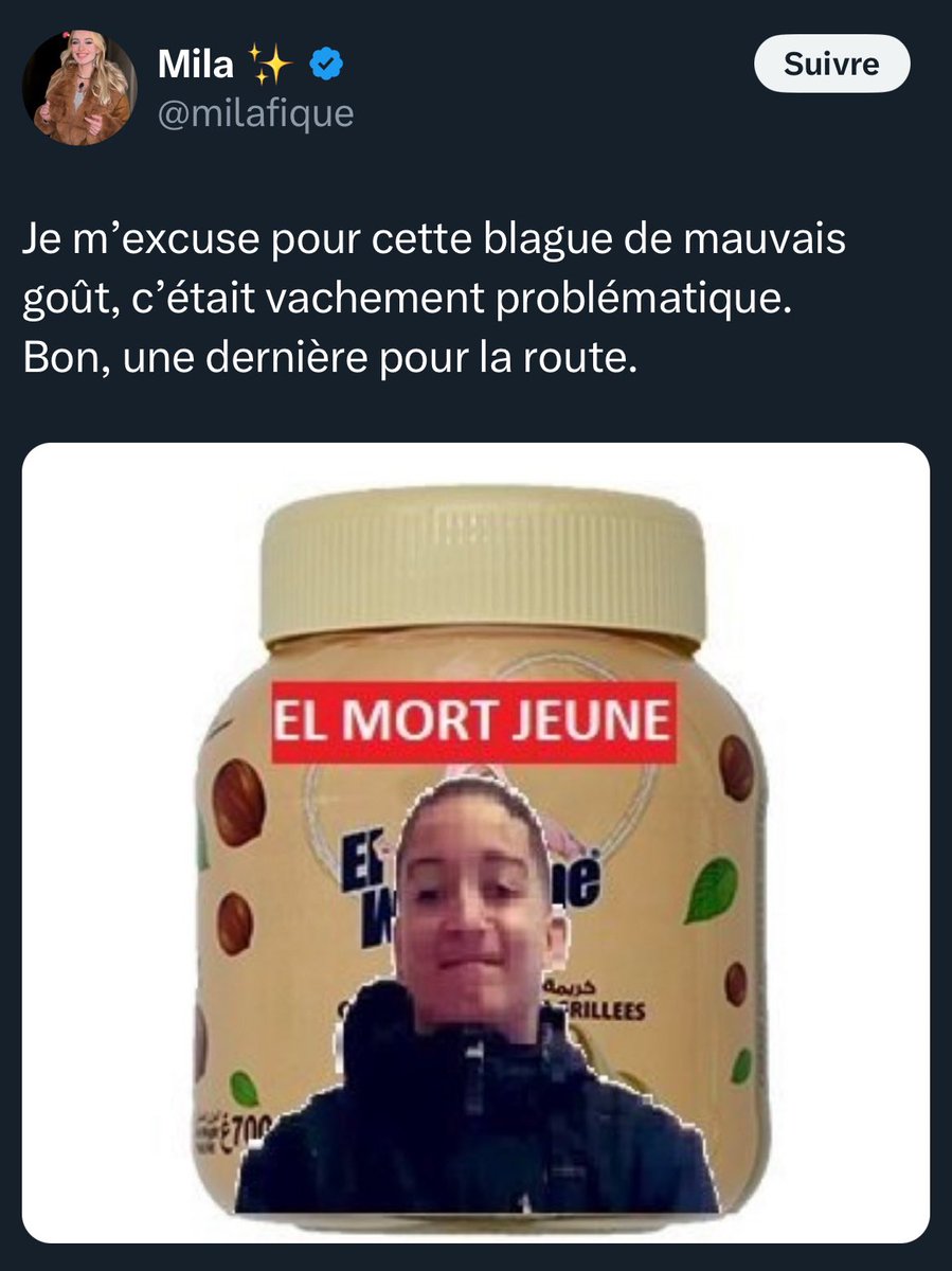 WLouis_WLS's tweet photo. Je me désavoue de tous ceux qui font des blagues de ce genre ou qui les approuvent… Nahel n’était pas un petit ange c’est sûr, mais mon combat pour la France et la défense de son identité culturelle ne sauraient approuver ce genre de « blagues » nauséabondes. J’imagine une seconde que je sois à la place des parents de Nahel, ce serait insupportable ce genre de « blague » qui drague le racisme. Honte à vous.