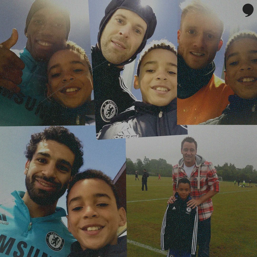 A young Jamal Musiala with Chelsea stars after their training in 2012

"I walked up to André Schürrle. I was so shameless. I went straight for the German. I held up my phone like: Bitte, André? Bitte? Please, sir.
Blurry. Awkward. I didn’t care. That picture was like gold to me.