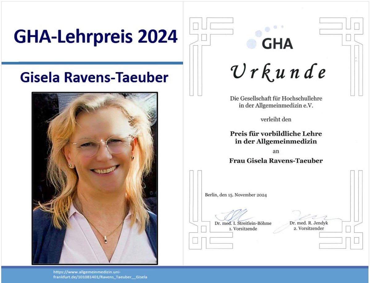 Herzlichen Glückwunsch! 🏆 
Gisela Ravens-Taeuber erhält den GHA-Lehrpreis 2024 für vorbildliche Lehre in der Allgemeinmedizin!
<a href="/UK_Frankfurt/">Universitätsmedizin Frankfurt</a> <a href="/goetheuni/">Goethe-Universität</a>