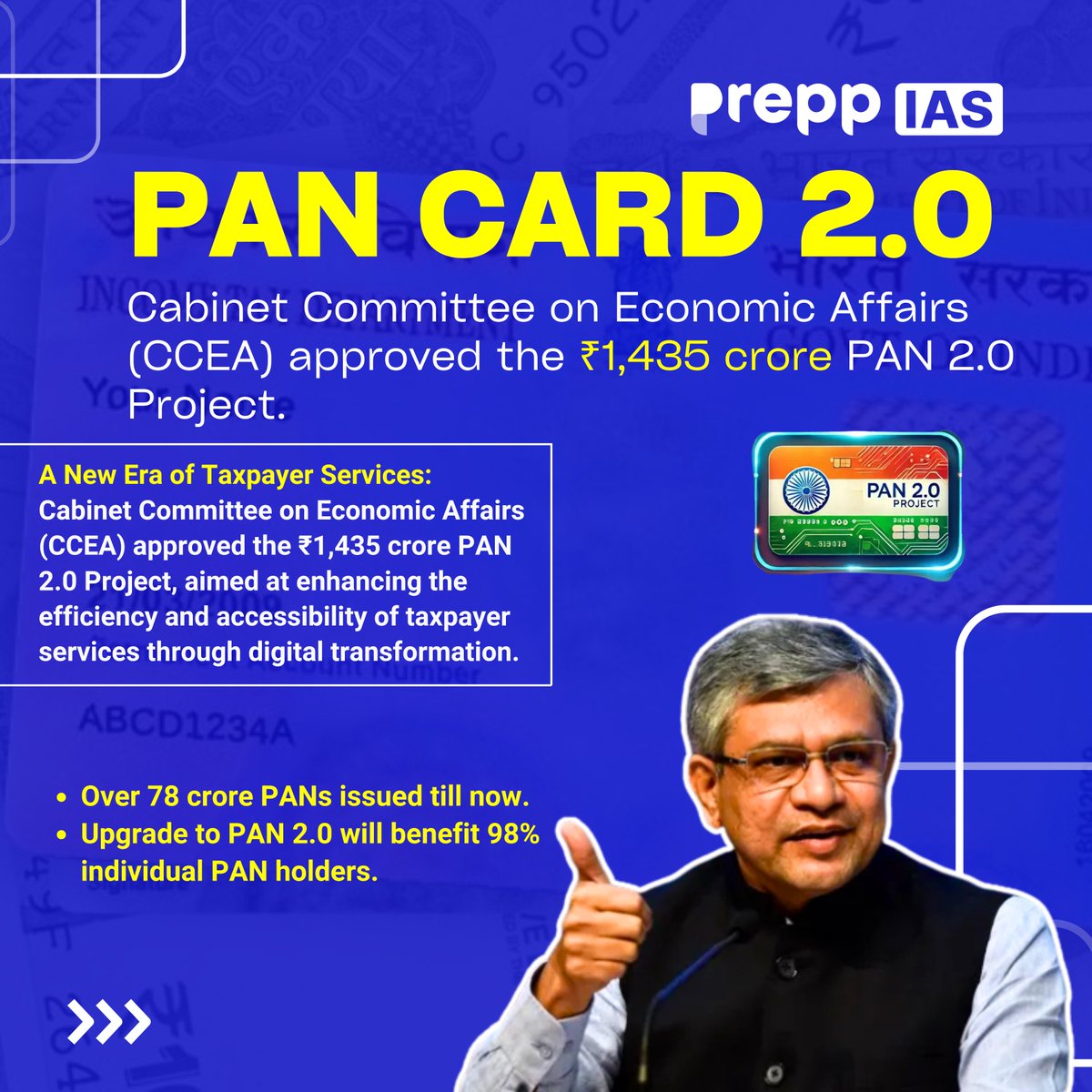PreppIAS's tweet photo. Exciting News for Taxpayers! The Cabinet has approved the ₹1,435 crore PAN 2.0 Project, revolutionizing taxpayer services in India!
#PAN2 #TaxReforms #DigitalIndia #UPSC #CurrentAffairs #CivilServices #EGovernance #Innovation #preppias https://t.co/Wz7CiU6XUn