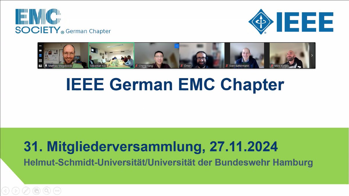 Heute aufgrund eines EMV-Problems (Blitzeinschlag in eine Oberleitung und damit verbundener Zugausfall in der Nähe von Hamburg) bin ich heute leider "nur" online und virtuell bei der 31. Mitgliederversammlung des <a href="/IEEEorg/">IEEE</a> German Chapters der <a href="/IEEE_EMCS/">IEEE EMC Society</a> an der <a href="/HSUHamburg/">HSU Hamburg</a>.