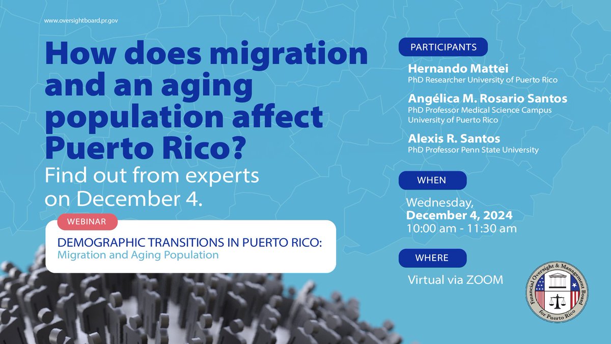 Discover the latest demographic trends in Puerto Rico. From migration patterns and an aging population to policy implications, gain valuable insights from leading experts as they discuss these critical topics and their impact on PR's future.
 
Register: bit.ly/4g9bGLv