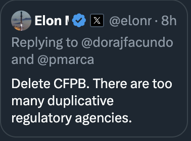 samstein's tweet photo. NEW -- The Trump administration last night called for the elimination of the consumer financial protection bureau https://t.co/XNEPgqmhfx