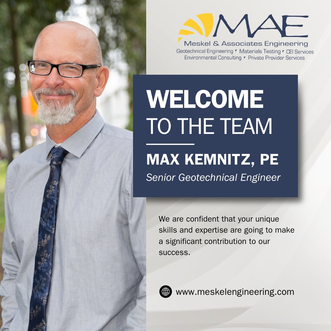 maeengineers's tweet photo. We are thrilled to welcome Max Kemnitz, P.E., to #TeamMAE as a Senior Geotechnical Engineer! 🎉 Max brings his expertise and passion for engineering to help us deliver top-quality solutions. Welcome aboard, Max! 👏 https://t.co/1lQCIUGYOE