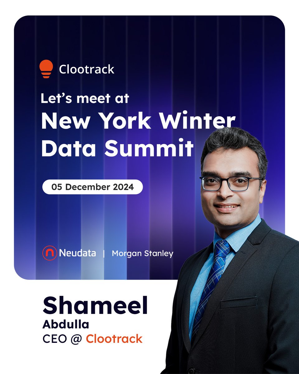 clootrack's tweet image. We’re thrilled to share that we’ll be at the New York Winter Data Summit!

Visit our CEO, Shameel Abdulla, at booth AA.

📍 Convene, 225 Liberty St, New York, NY 10281

Let’s connect 👉 eu1.hubs.ly/H0d_Xch0! 

#AlternativeData #DataIntelligence #Neudata #CX #AI #Clootrack