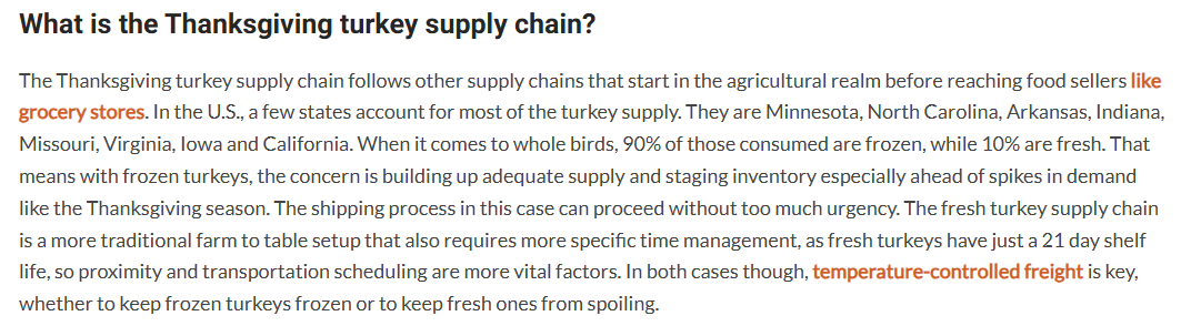 InTekLogistics's tweet photo. With Thanksgiving arriving tomorrow, let's talk turkey. Did you know most birds come from 8 states? And almost all of you turkey eaters will be going with a previously frozen bird. Enjoy your dinner! And is it stuffing or dressing for you? #ThanksgivingTrivia #TurkeyTalk https://t.co/pfzya5Lpp1