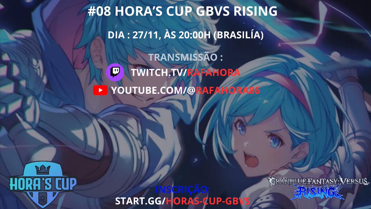 É hoje galera, #08 Hora,S Cup de GBVS Rising, inscrições encerram as 19:30, Corram!!!!
link
start.gg/Horas-cup-GBVS

Sorteio para o chat de um cupom da Nuuvem de 20% de desconto.

Pote Pix:
livepix.gg/rafahora

Twitch:
twitch.tv/rafahora
YouTube:
youtube.com/@rafahora86