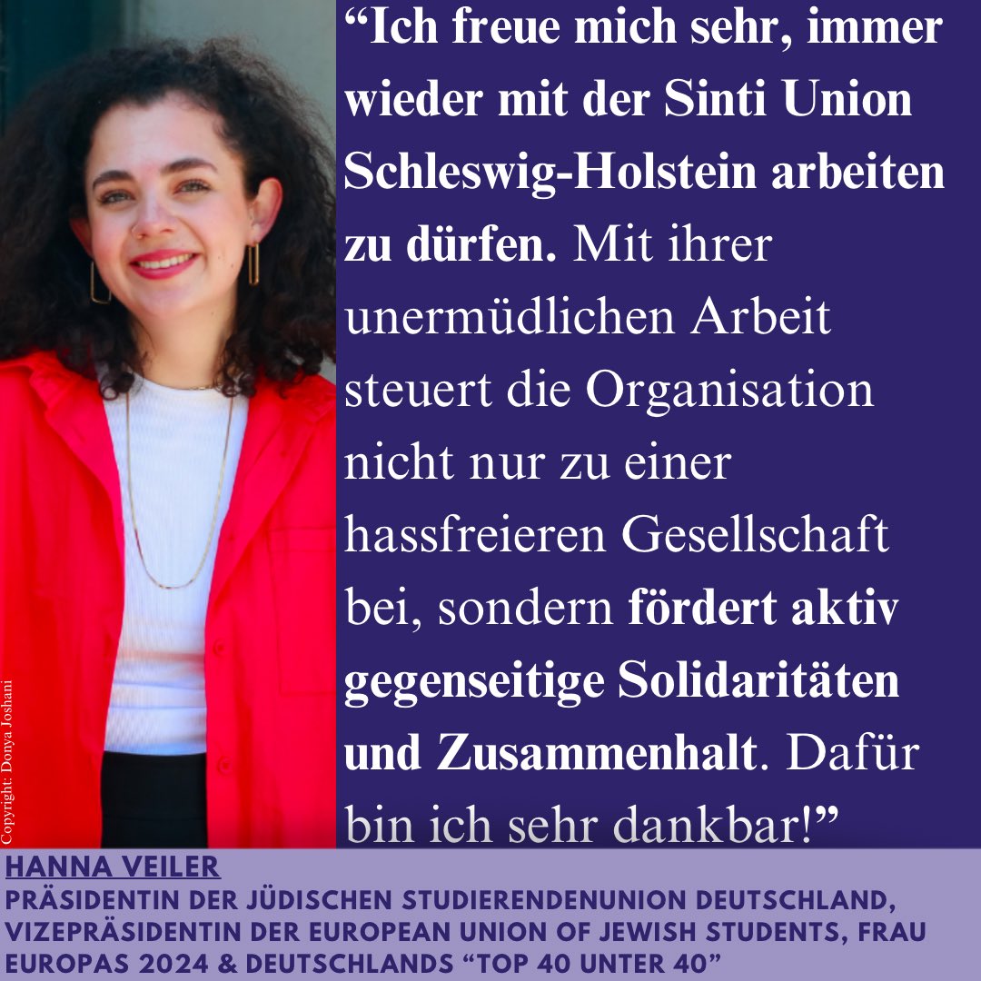 🎙️ Stimmen aus Zivilgesellschaft, Politik &amp; Wissenschaft über die @sintiunionsh 🎙️

Das heutige Statement stammt von <a href="/HannaVeiler/">Hanna Veiler</a> , Präsidentin der <a href="/JSUDeutschland/">JSUD</a> , Vizepräsidentin der European Union of Jewish Students, Frau Europas 2024 und Deutschlands „Top 40 unter 40“.