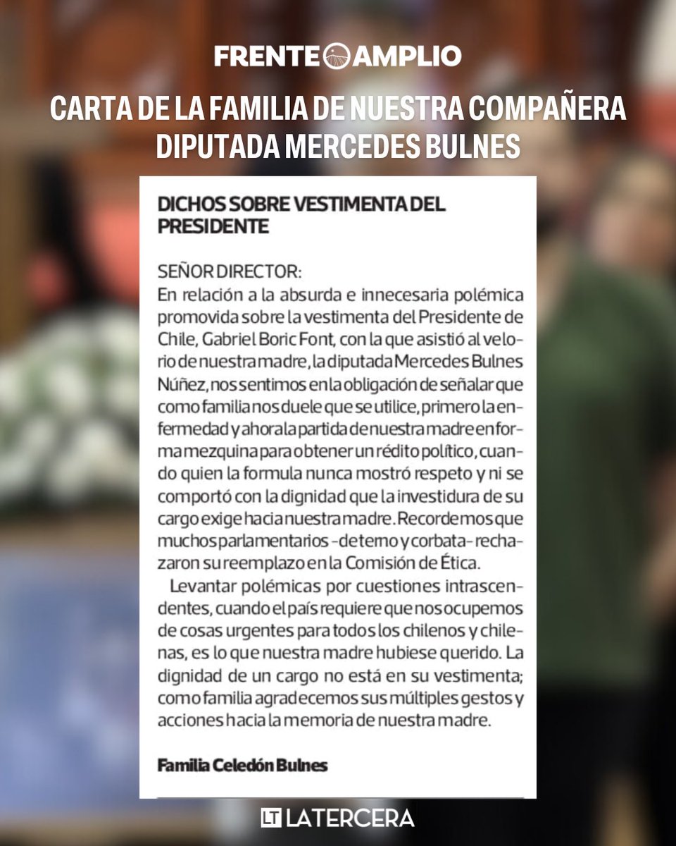 elfrente_amplio's tweet photo. Compartimos la carta de la familia de nuestra compañera Mercedes Bulnes. https://t.co/5nTPvAPiCe
