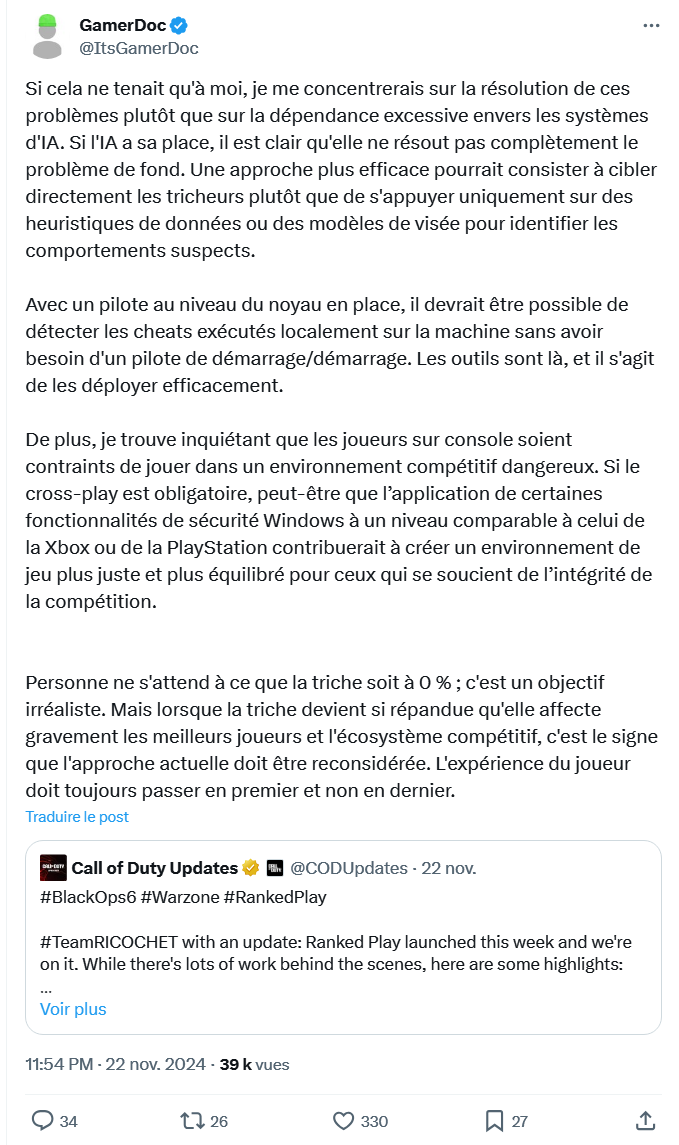 DexertoIntelFR's tweet photo. Un développeur de l'anticheat "Vanguard" de Riot Games a fait part de ses critiques sur l'antitriche Ricochet de Call of Duty 😬

Selon lui, l'anticheat Ricochet devrait :
➖ Moins dépendre des outils d'IA 
➖ Augmenter les exigences de sécurité si le cross play PC x Consoles est obligatoire (🗣 "Je trouve inquiétant que les joueurs sur console soient contraints de jouer dans un environnement compétitif dangereux")

Selon lui, l'approche actuelle devrait être "reconsidérée" et "l'expérience du joueur doit toujours passer en premier et non en dernier"