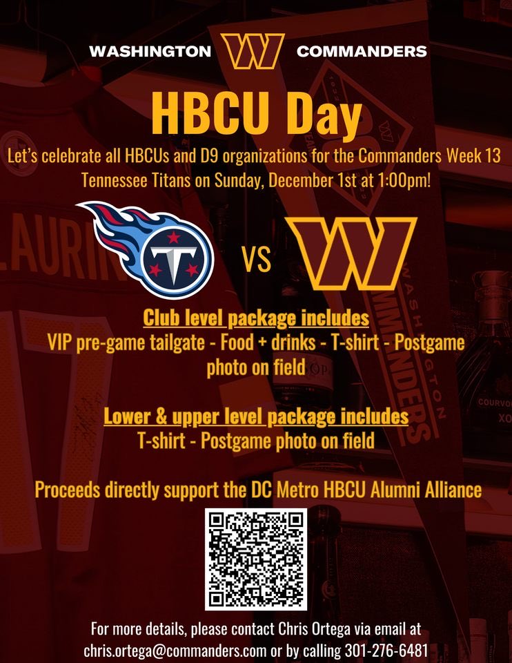 FVSUDCAlumni's tweet photo. Let’s celebrate all HBCUs &amp; D9 organizations at the Commanders Week 13 Game against the Tennessee Titans on Sunday, December 1st at 1pm! Join us for a day filled with pride, unity, &amp; unforgettable experiences.

Every ticket helps support the DC Metro HBCU Alumni Alliance. https://t.co/CVO1n2rV2r