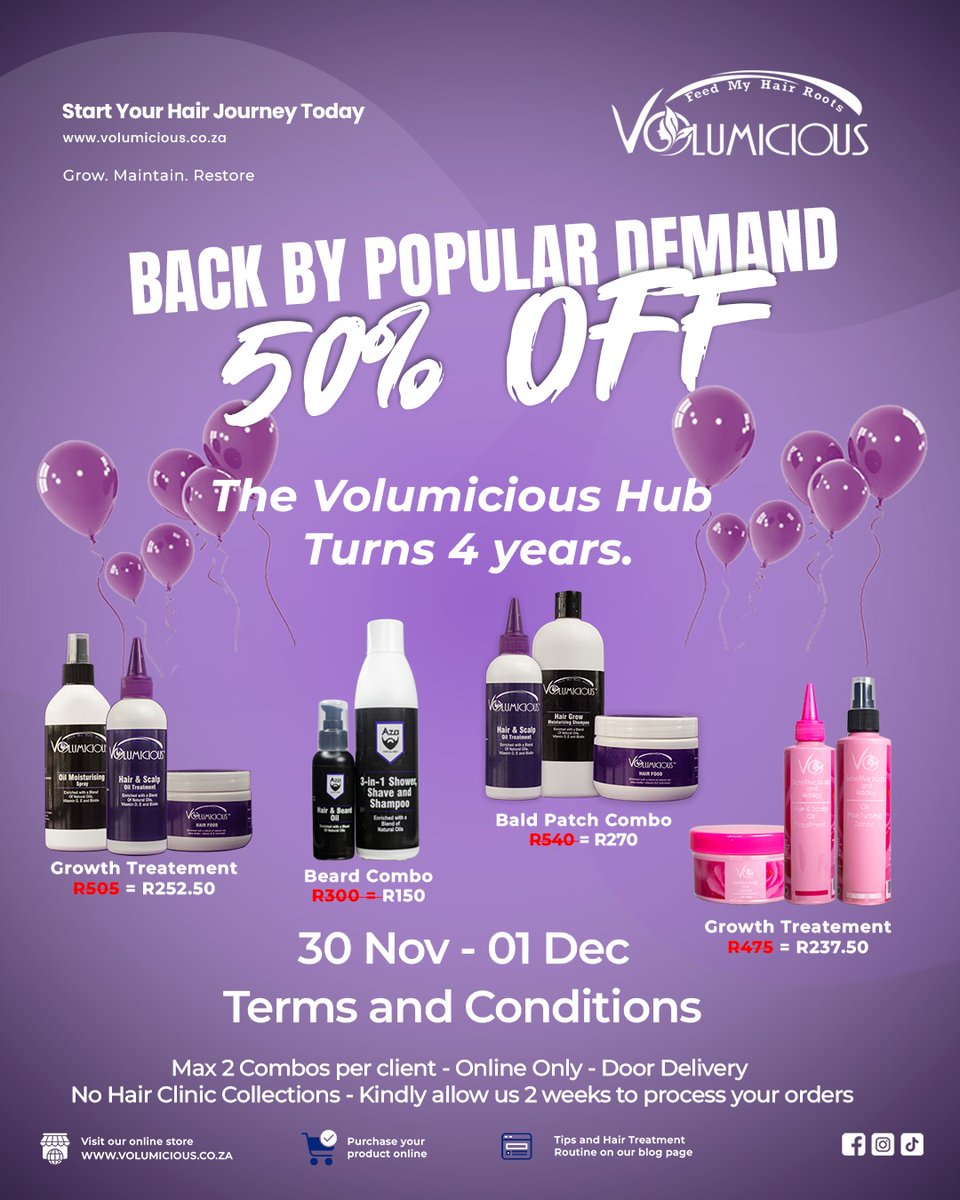 Don't Miss out the VOLUMICIOUS 50%OFF BIRTHDAY SPECIAL FROM 30TH NOVEMBER MIDNIGHT TO 1 DECEMBER MIDNIGHT (48HRS)

ON OUR ONLINE SHOP ON volumicious.co.za

Start your Hair journey today

#VOLUMICIOUS #volumicioushubturns4