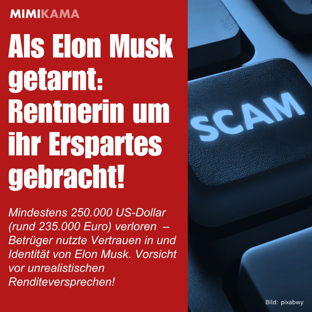 Ein Mann namens Jeffrey Arthur Moynihan, Jr., wohnhaft in Bradenton, Florida, nutzte ein gefälschtes Facebook-Profil, um sich als Elon Musk auszugeben.

mimikama.org/als-elon-musk-…