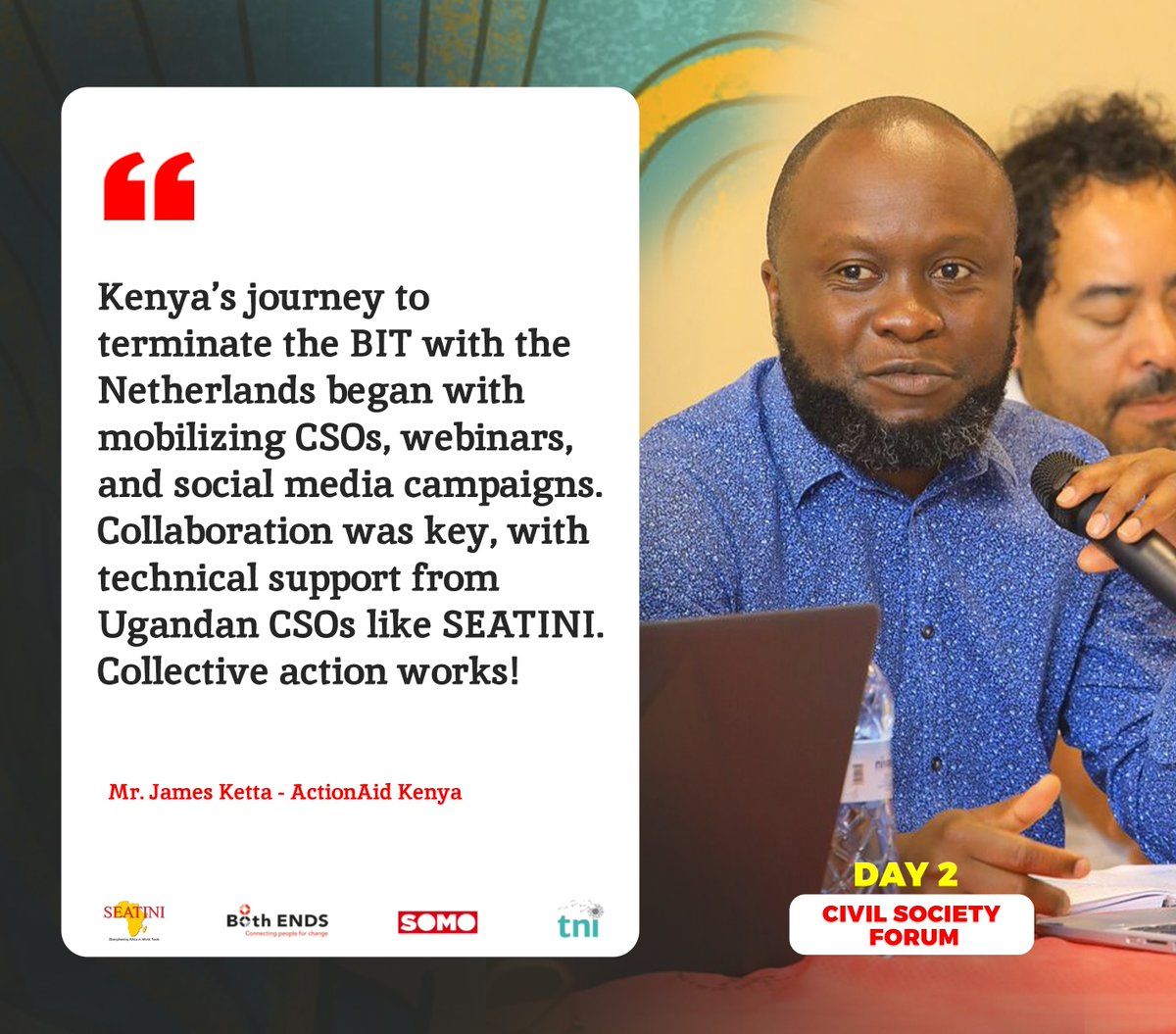 Kenya’s journey to terminate the BIT with the Netherlands began with mobilizing CSOs, webinars, and social media campaigns. Collaboration was key, with technical support from Ugandan CSOs like SEATINI. Collective action works! — Mr. James Ketta - ActionAid Kenya <a href="/ActionAid_Kenya/">ActionAid Kenya</a>