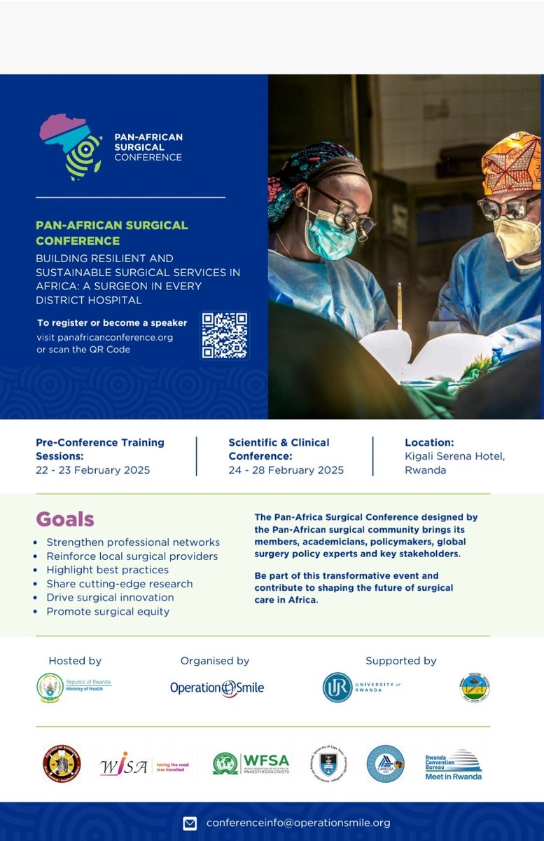 Prof. Faustin NTIRENGANYA (@fostino21) on Twitter photo We are organizing <a href="/RwandaHealth/">Ministry of Health | Rwanda</a> <a href="/Uni_Rwanda/">University of Rwanda</a> <a href="/operationsmile/">Operation Smile</a> <a href="/Surgical_RW/">Rwanda Surgical Soci</a> and hosting in Kigali, #ThePanAfricaSurgicalConference from 24-28 February 2025. SAVE THE DATES...
Abstracts are being accepted through the website panafricansurgicalconference.com
Hoping to see you all in #Rwanda We are organizing <a href="/RwandaHealth/">Ministry of Health | Rwanda</a> <a href="/Uni_Rwanda/">University of Rwanda</a> <a href="/operationsmile/">Operation Smile</a> <a href="/Surgical_RW/">Rwanda Surgical Soci</a> and hosting in Kigali, #ThePanAfricaSurgicalConference from 24-28 February 2025. SAVE THE DATES...
Abstracts are being accepted through the website panafricansurgicalconference.com
Hoping to see you all in #Rwanda