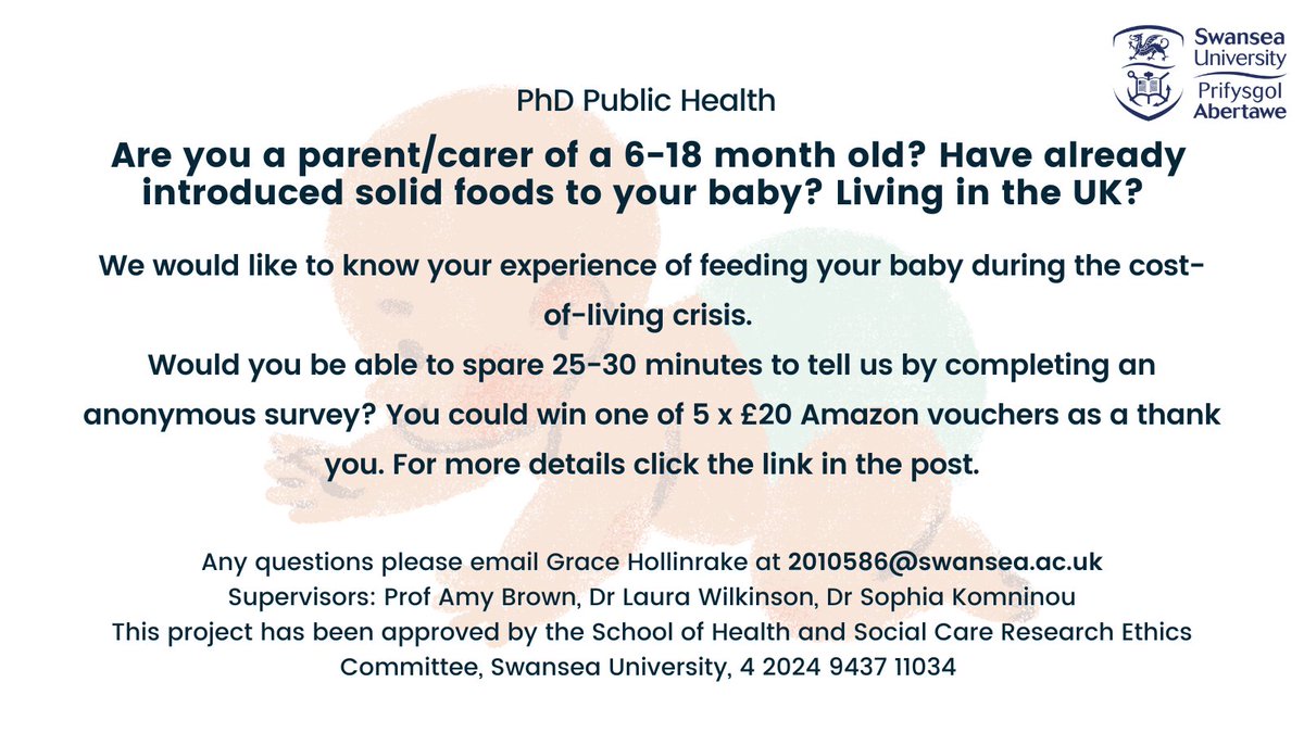 Are you: 
🙂 Over 18 years old
👶 Parent/carer of a baby aged 6-18 months
🥦 Have introduced solid foods 
🏠 Living in the UK 

Please take a look at my survey, exploring caregiver experience of feeding babies in the Cost-of-Living Crisis.

swanseachhs.eu.qualtrics.com/jfe/form/SV_6J…