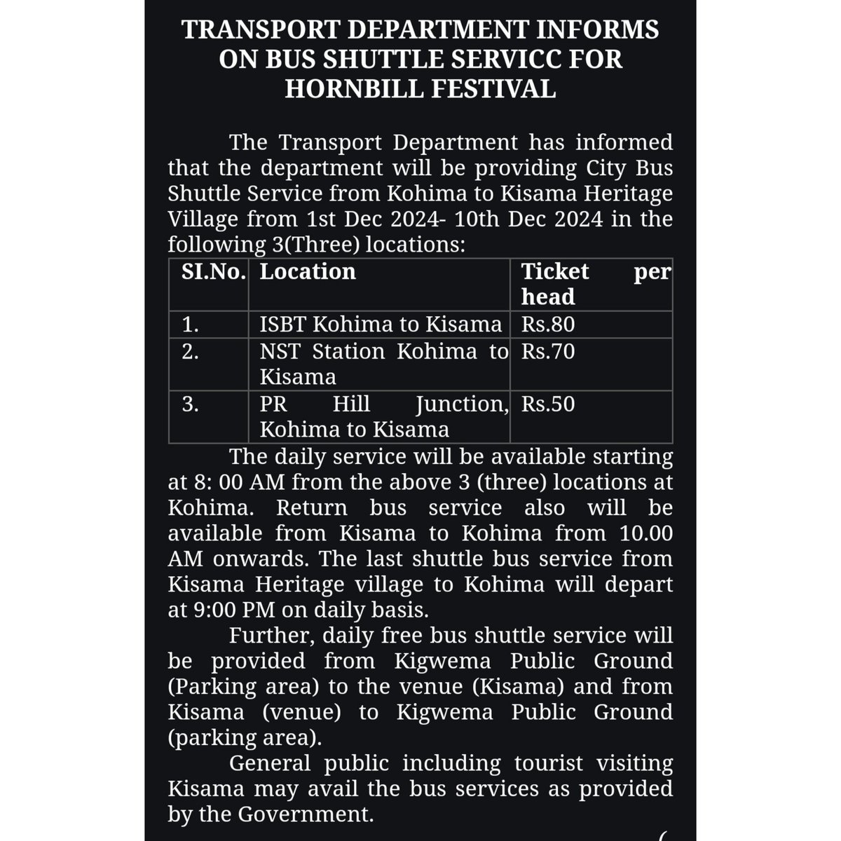 TRANSPORT DEPARTMENT INFORMS ON BUS SHUTTLE SERVICC FOR HORNBILL FESTIVAL