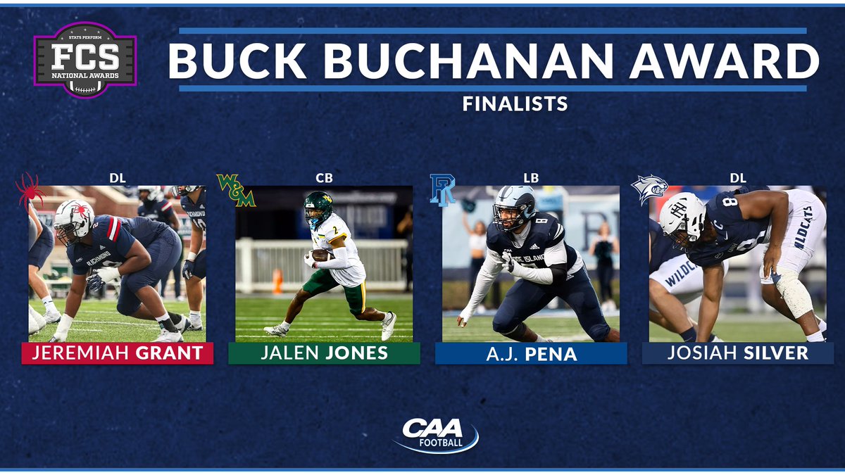 CAA Football (@caafootball) on Twitter photo Congratulations to the <a href="/OptaAnalystFCS/">FCS Football</a> #CAAFB finalists for the Buck Buchanan Award
Jeremiah Grant, <a href="/Spiders_FB/">Richmond Spiders Football</a>
Jalen Jones, <a href="/WMTribeFootball/">William & Mary Tribe Football</a>
A.J. Pena, <a href="/RhodyFootball/">Rhody Football</a>
Josiah Silver, <a href="/UNH_Football/">New Hampshire Football</a> Congratulations to the <a href="/OptaAnalystFCS/">FCS Football</a> #CAAFB finalists for the Buck Buchanan Award
Jeremiah Grant, <a href="/Spiders_FB/">Richmond Spiders Football</a>
Jalen Jones, <a href="/WMTribeFootball/">William & Mary Tribe Football</a>
A.J. Pena, <a href="/RhodyFootball/">Rhody Football</a>
Josiah Silver, <a href="/UNH_Football/">New Hampshire Football</a>