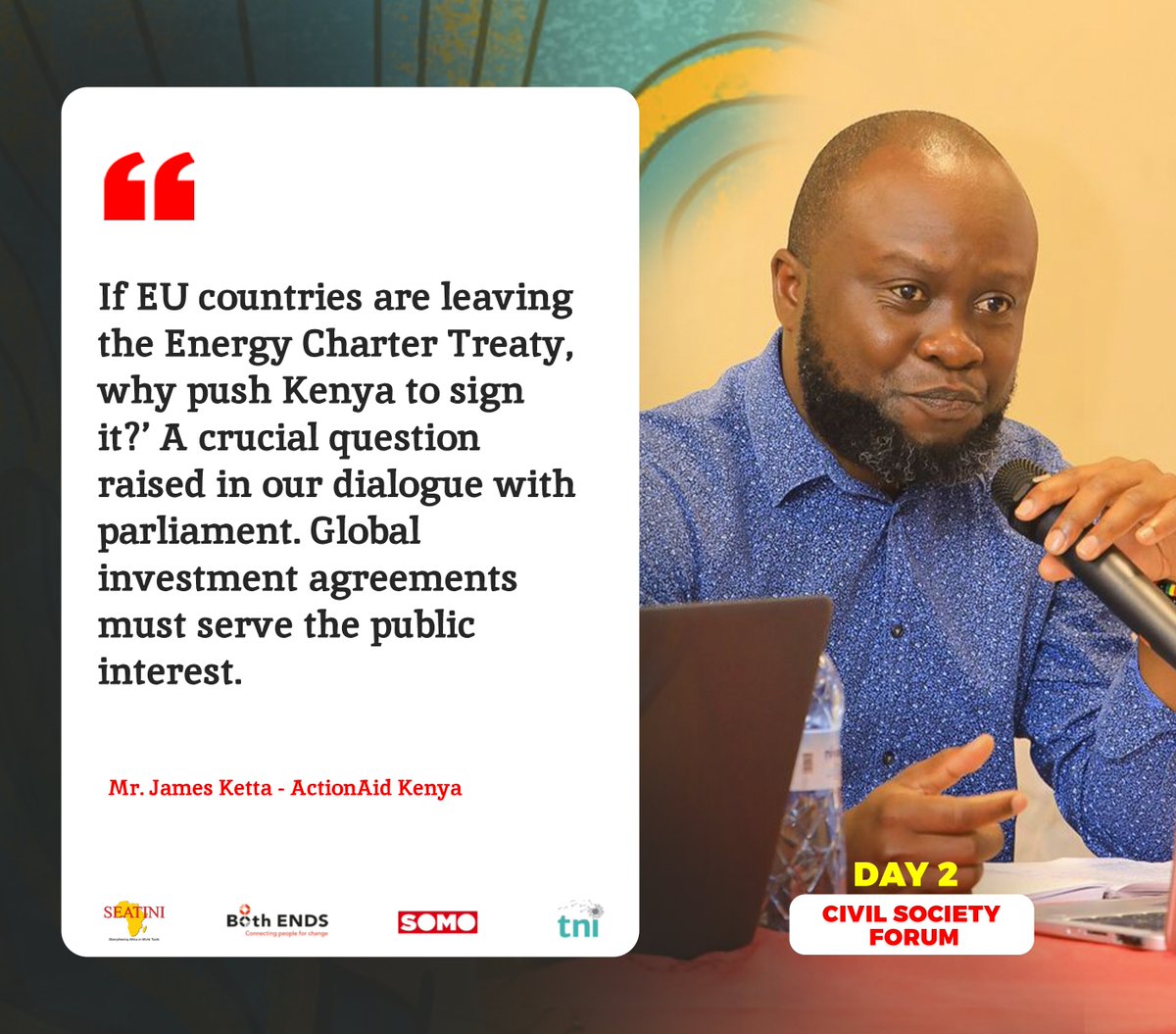 If EU countries are leaving the Energy Charter Treaty, why push Kenya to sign it?’ A crucial question raised in our dialogue with parliament. Global investment agreements must serve the public interest. — Mr. James Ketta - ActionAid Kenya <a href="/ActionAid_Kenya/">ActionAid Kenya</a>
#ClimateAction