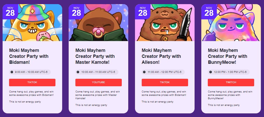 I'm excited to announce I will be joining 3 other awesome creators for this week's Moki Mayhem Creator Party for <a href="/pixels_online/">Pixels</a>!

Join us for fun, games, and prizes! Prizes include Moku UGC as well as $PIXEL!

Each of us will be streaming on our own preferred platforms as well as
