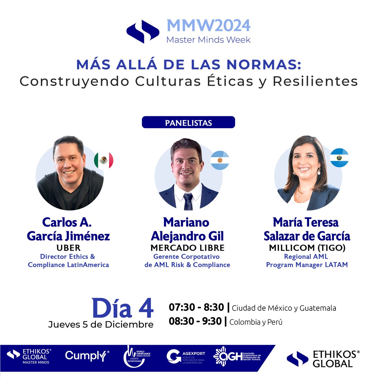 EthikosGlobal's tweet image. 🎓 ¡Día 4 de Master Minds Week 2024!

🌟 Panel 1 (07:30 AM): Culturas Éticas con líderes de Uber, Mercado Libre y Millicom (TIGO).

🌾 Panel 2 (08:30 AM): Agroindustria Responsable con AgroAmerica y NAISA.

📅 Regístrate aquí: bit.ly/48ZHdNh

#MMW2024 #yomecomprometo