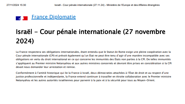AlertesInfos's tweet photo. 🚨🇫🇷🇮🇱 ALERTE - Benjamin Netanyahou et ses ministres bénéficieront en France d’une immunité face au mandat d’arrêt de la Cour pénale internationale. (France Diplomatie) https://t.co/nLbU2MyY0Q