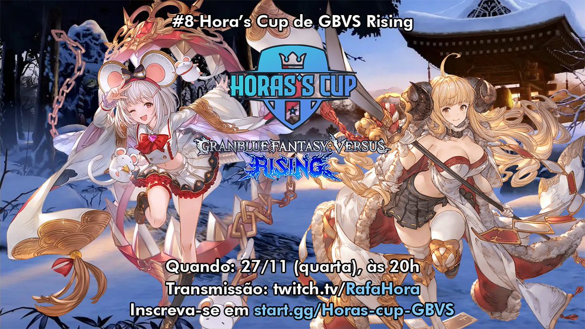 Oitava edição do Hora's Cup de GBVS Rising!

Quando: 27/11 (HOJE), às 20h
Inscrições: start.gg/Horas-cup-GBVS (até 19h40)
Transmissão: twitch.tv/rafahora

#GranblueFantasyVersusRising #GBVSR #GBFVR