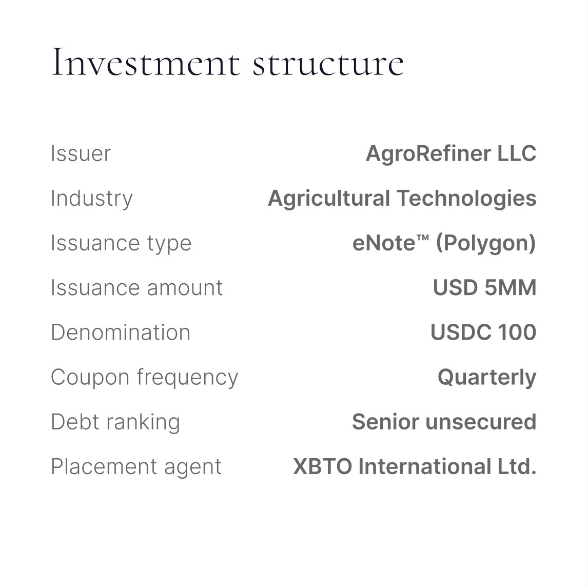 xbtogroup's tweet photo. 🌱 AgroRefiner’s next tokenized bond issuance now available 🌱

🔑 Exclusively available to professional investors.
🔒 Delivered through @ObligateHQ's regulated, institutional-grade platform.

Get started: https://t.co/DoKl9REJmC
T&amp;Cs apply: https://t.co/bV0Zq6RT2e https://t.co/sysTpXk50J