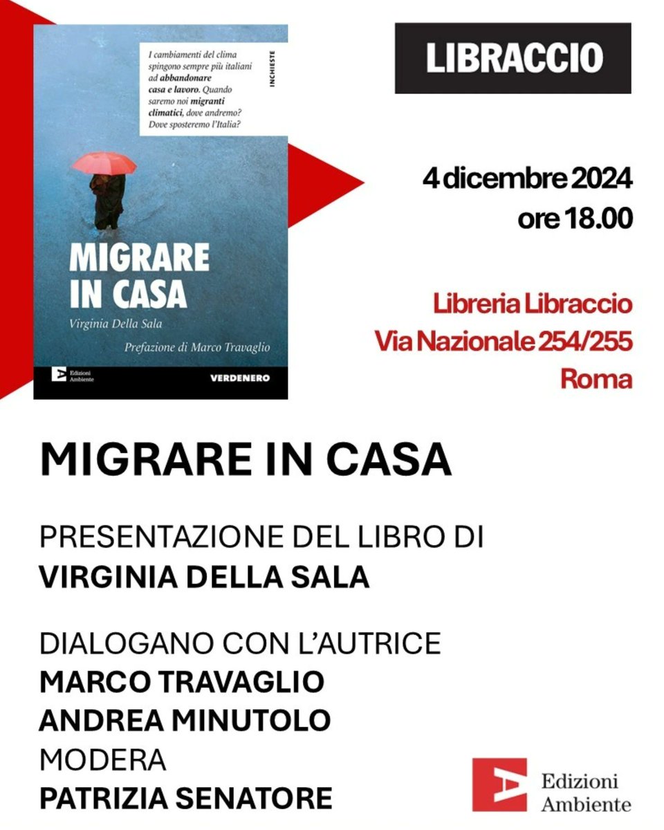 EdizioniAmbiente (@edambiente) on Twitter photo 📢 Il 4 dicembre vi aspettiamo alla presentazione di "Migrare in casa" presso la libreria <a href="/libraccio/">il libraccio</a> di Via Nazionale a Roma, con la partecipazione dell'autrice, Virginia Della Sala, e di <a href="/marcotravaglio/">Marco Travaglio</a>, Andrea Minutolo e Patrizia Senatore. 📢 Il 4 dicembre vi aspettiamo alla presentazione di "Migrare in casa" presso la libreria <a href="/libraccio/">il libraccio</a> di Via Nazionale a Roma, con la partecipazione dell'autrice, Virginia Della Sala, e di <a href="/marcotravaglio/">Marco Travaglio</a>, Andrea Minutolo e Patrizia Senatore.