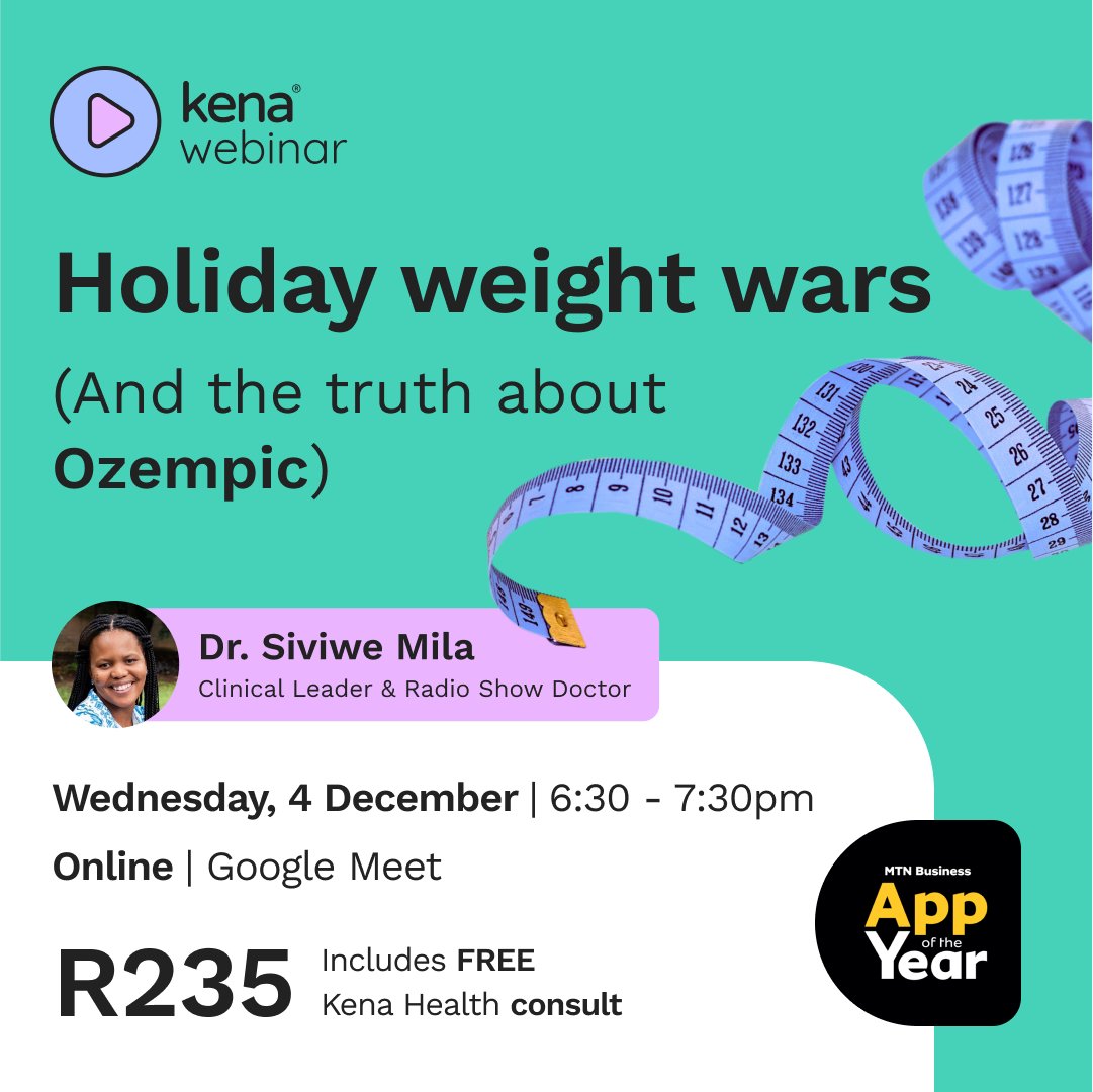 Kena Health (@kenahealth) on Twitter photo What #BigPharma won’t tell you about holiday health👀
Join Dr. <a href="/siviwemila/">Dr Siviwe Mila</a> from <a href="/KenaHealth/">Kena Health</a> to uncover:
➡️ The truth about Ozempic
➡️How to crush Christmas cravings
➡️FREE consult included!
🗓️4 Dec | 💵R235
Book now: bit.ly/4eV1a9j What #BigPharma won’t tell you about holiday health👀
Join Dr. <a href="/siviwemila/">Dr Siviwe Mila</a> from <a href="/KenaHealth/">Kena Health</a> to uncover:
➡️ The truth about Ozempic
➡️How to crush Christmas cravings
➡️FREE consult included!
🗓️4 Dec | 💵R235
Book now: bit.ly/4eV1a9j