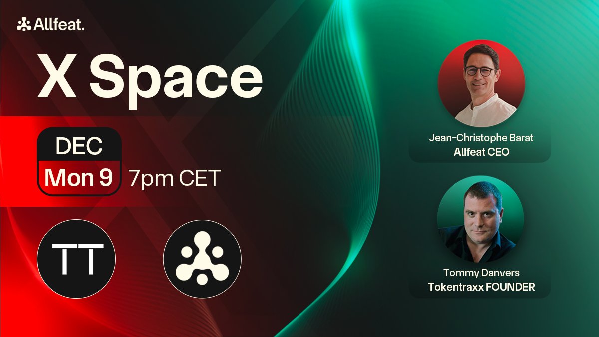 🎶 Save the Date! On Dec 9th at 7 PM CET, join <a href="/TommyDanvers/">➕TommyD</a>, Founder of <a href="/TokenTraxx/">TokenTraxx #BeThePlatform</a>, as he hosts an AMA featuring special guest @jcBarat_0x, our CEO.

🚀 Tune in for an exciting discussion on the future of blockchain and music!

#Allfeat #TokenTraxx #Web3 🎤🎧