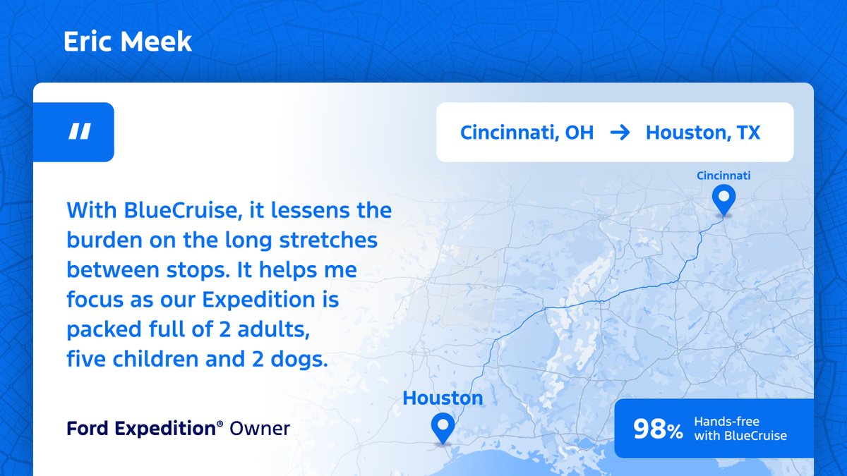Love these #BlueCruiseHoliday stories! <a href="/Ford/">Ford Motor Company</a> Expedition owner, Eric Meek is traveling from Cincinnati to Houston – a 30-hour road trip! With #BlueCruise 98% of the 7K mile journey will be hands-free. Can't wait to hear about more BlueCruise trips!