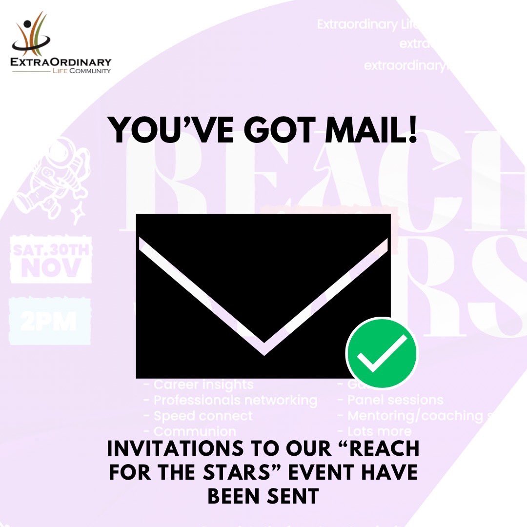 Extraordinaryng's tweet photo. The invites to our Reach For The Stars event have officially been sent out!
Make sure to check your inbox (and your spam folder) to find all the details!
We can’t wait to see you this Saturday!
#ReachForTheStars #ExtraordinaryLifeCommunity #CountDownToSaturday https://t.co/VaKKP6uvwk