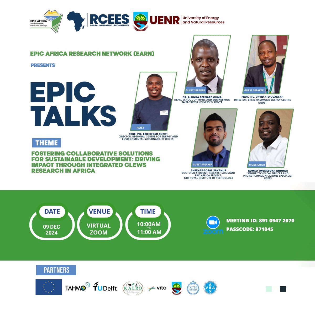 Join the launch of EPIC Talks by EARN on Dec 9, 2024! 🌍 Explore how integrated CLEWs research tackles Africa’s challenges. Hear insights from experts on policies, tools &amp; case studies from Ghana &amp; Kenya.
registration link below
forms.gle/wpk72nLK6Y8bXe…
#Sustainability  #EPICtalks