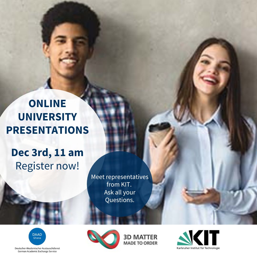 DAAD Ghana (@daad_ghana) on Twitter photo Join us LIVE on 3rd December at 11am GMT for an interaction with University Representatives from <a href="/KITKarlsruhe/">Shmoopy</a> 
We shall present the <a href="/Cluster3DMM2O/">3D Matter Made to Order</a>  Offering Master of Science programs, the program is taught completely in English.
Register via: bit.ly/4ePIOGI Join us LIVE on 3rd December at 11am GMT for an interaction with University Representatives from <a href="/KITKarlsruhe/">Shmoopy</a> 
We shall present the <a href="/Cluster3DMM2O/">3D Matter Made to Order</a>  Offering Master of Science programs, the program is taught completely in English.
Register via: bit.ly/4ePIOGI