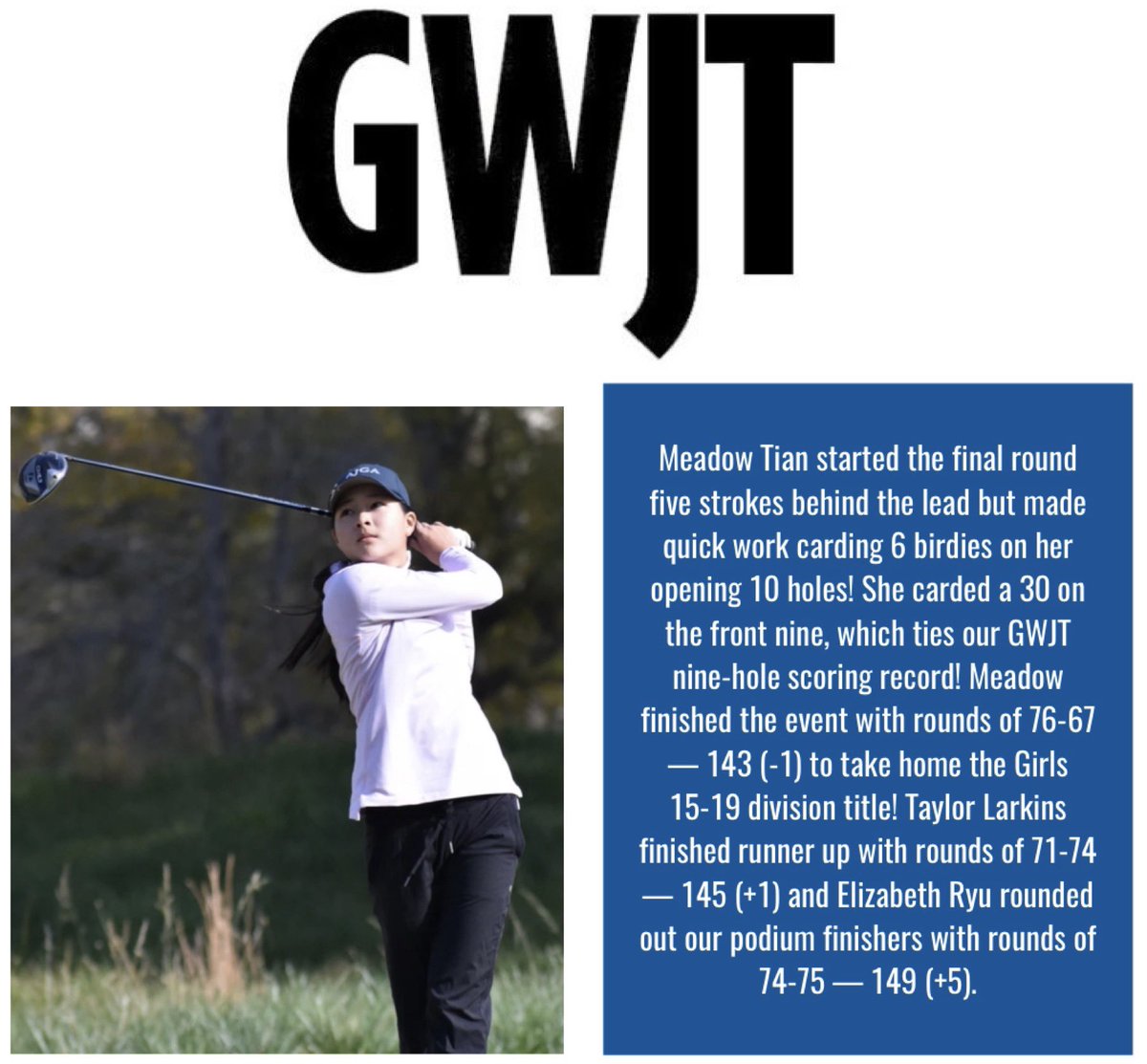 Congrats to Braves junior, Meadow Tian, who ended the season with another big win in a competitive D1 field @ the Golfweek Junior Tour Vanderbilt Elite in Nashville, TN! 

Final round of 67 (including a GWJT record of 30 on the front) helped secure the win. 

Great job, Meadow!