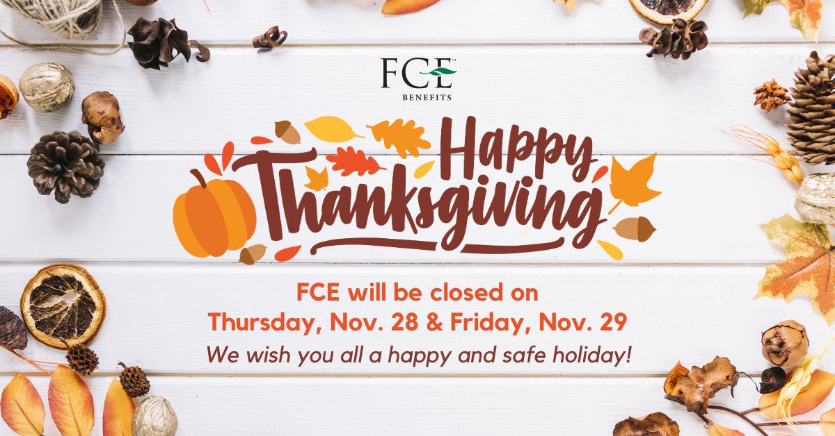 🍁 In celebration of the #Thanksgiving holiday, #FCE will be closed on Thursday, November 28 and Friday, November 29. We will resume normal business hours on Monday, December 2. We wish you and your loved ones a safe #holiday and #ThankYou for your continued support! 🦃🍂