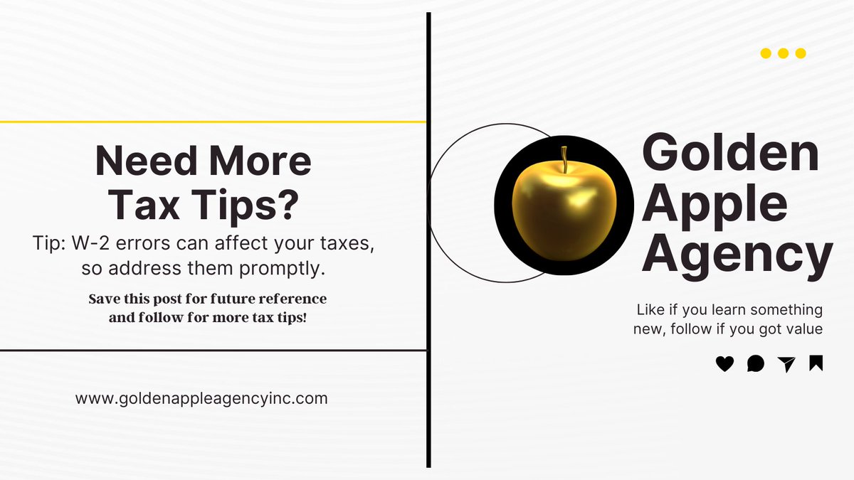 goldenappleagen's tweet image. Errors on your W-2? Here’s how to fix them! 📝 Taking action early can save you time and keep your tax records accurate.
#W2Corrections #TaxHelp #ErrorResolution #TaxFiling #IRSHelp #goldenappleagencyinc