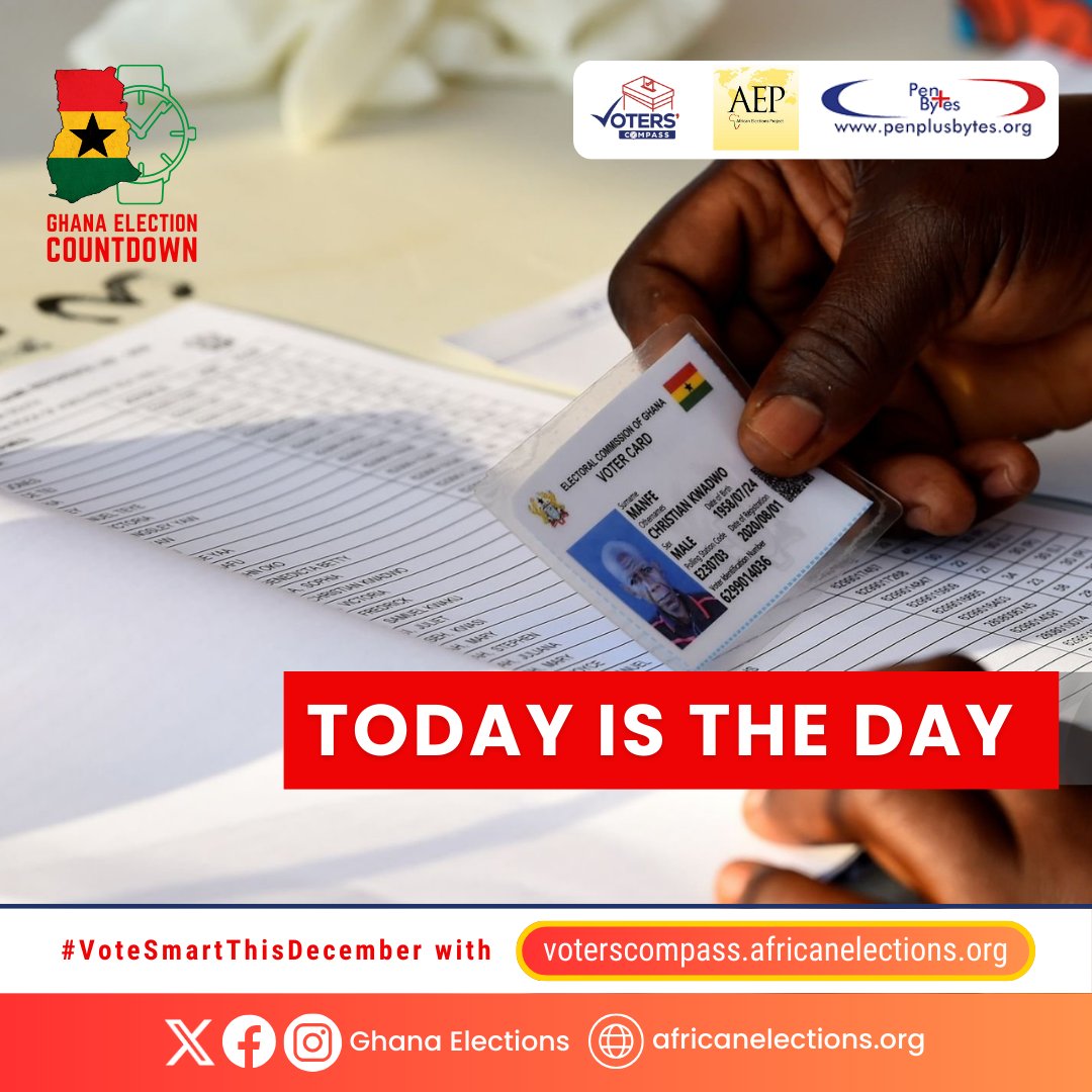 ghanaelections's tweet photo. It’s Election Day!
It’s finally here! Head to the polls and make your voice heard in #GhanaElections2024.
Let’s vote smart and keep the peace.
#GhanaElections2024
#VoteSmartThisDecember
@penplusbytes https://t.co/zfRjKkJVwH