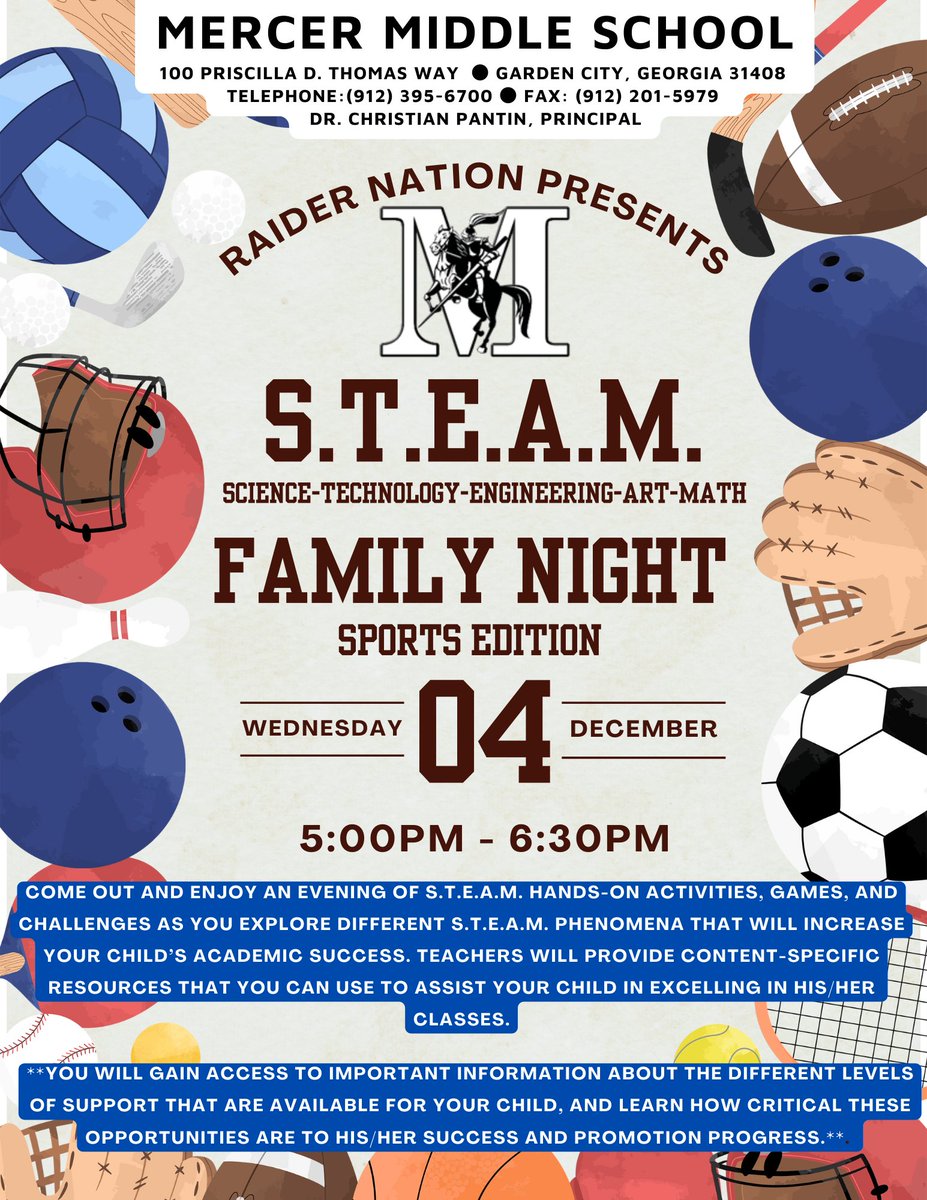 MMS_Raiders's tweet photo. On Wednesday December 4, 2024, at 5:00pm we will host our second Parent Night entitled S.T.E.A.M. Family Night: Sports Edition where you will gain access to valuable information about our school-wide math and science programs. #STEAM #Math&amp;ScienceMatters #BeInspiredToLEAD https://t.co/I2t48REvwD