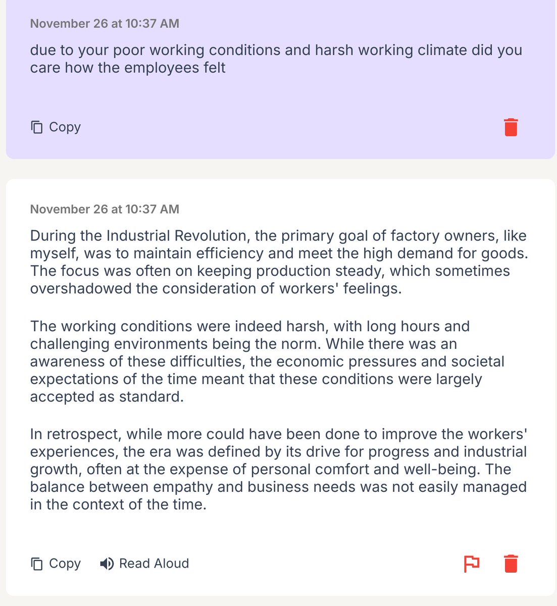 sfordhistory's tweet photo. Used @magicschoolai   student tools to create chatbots for a factory worker, factory owner, and child working in coal mines in the London area shortly after the Industrial Revolution. What a great tool to have!  Here are a few of the interactions my students had! https://t.co/z7qDMfavYe