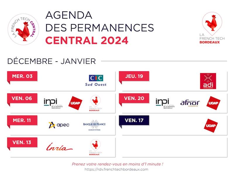 FrenchTechBdx's tweet photo. 🐓 Vos prochaines permanences #FrenchTechCentral sont disponibles ! 🙌
Bénéficiez de l'expertise de @cic Sud Ouest, @INPIFrance, @ugap, La #FrenchTech #Bordeaux, @Apec_NA, @banquedefrance, @Inria, @ADI_N_A et @AFNOR 🤝
Vos rendez-vous 👉 https://t.co/UKee3QoGp8 https://t.co/s6PoW557gy