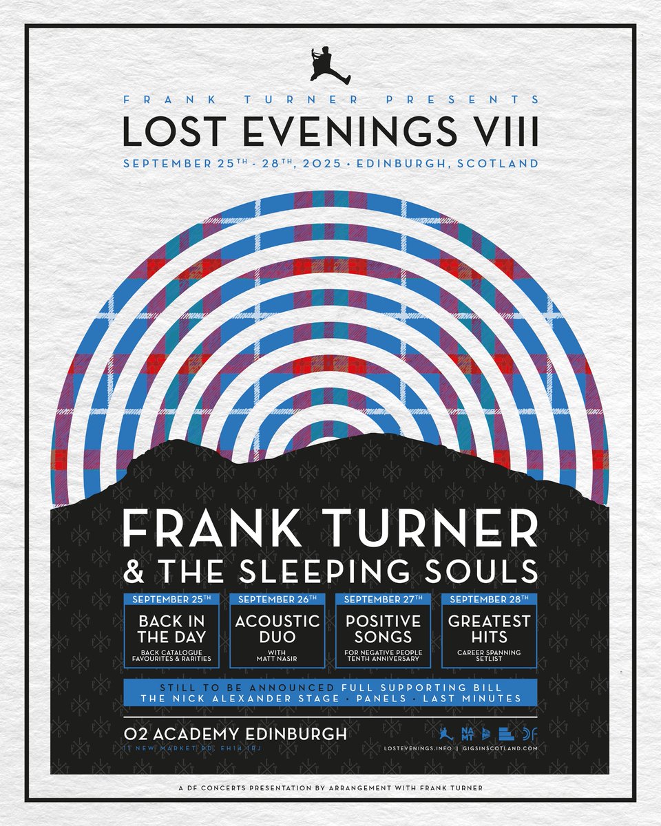 Frank Turner (@frankturner) on Twitter photo I am proud to announce that in September 2025, I will be hosting <a href="/Lost_Evenings/">Lost Evenings</a> 8 in Edinburgh, Scotland, at the @o2academyed. Four nights, two stages, different sets, endless supports panels and more. Full details of the lineup and activities will come in the next few months. I am proud to announce that in September 2025, I will be hosting <a href="/Lost_Evenings/">Lost Evenings</a> 8 in Edinburgh, Scotland, at the @o2academyed. Four nights, two stages, different sets, endless supports panels and more. Full details of the lineup and activities will come in the next few months.